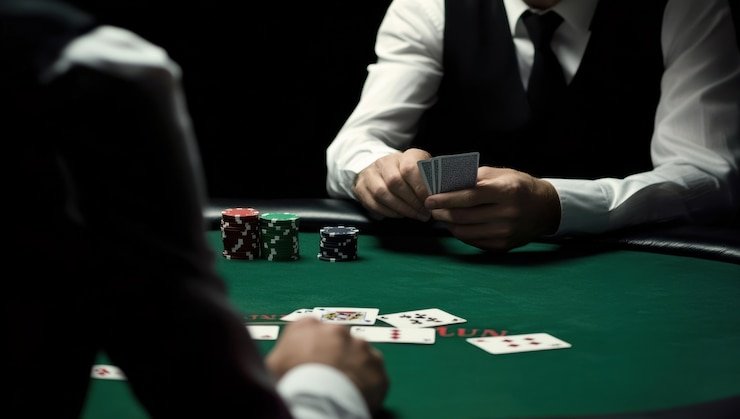 Dealer live casino membagikan kartu sambil tersenyum di studio profesional